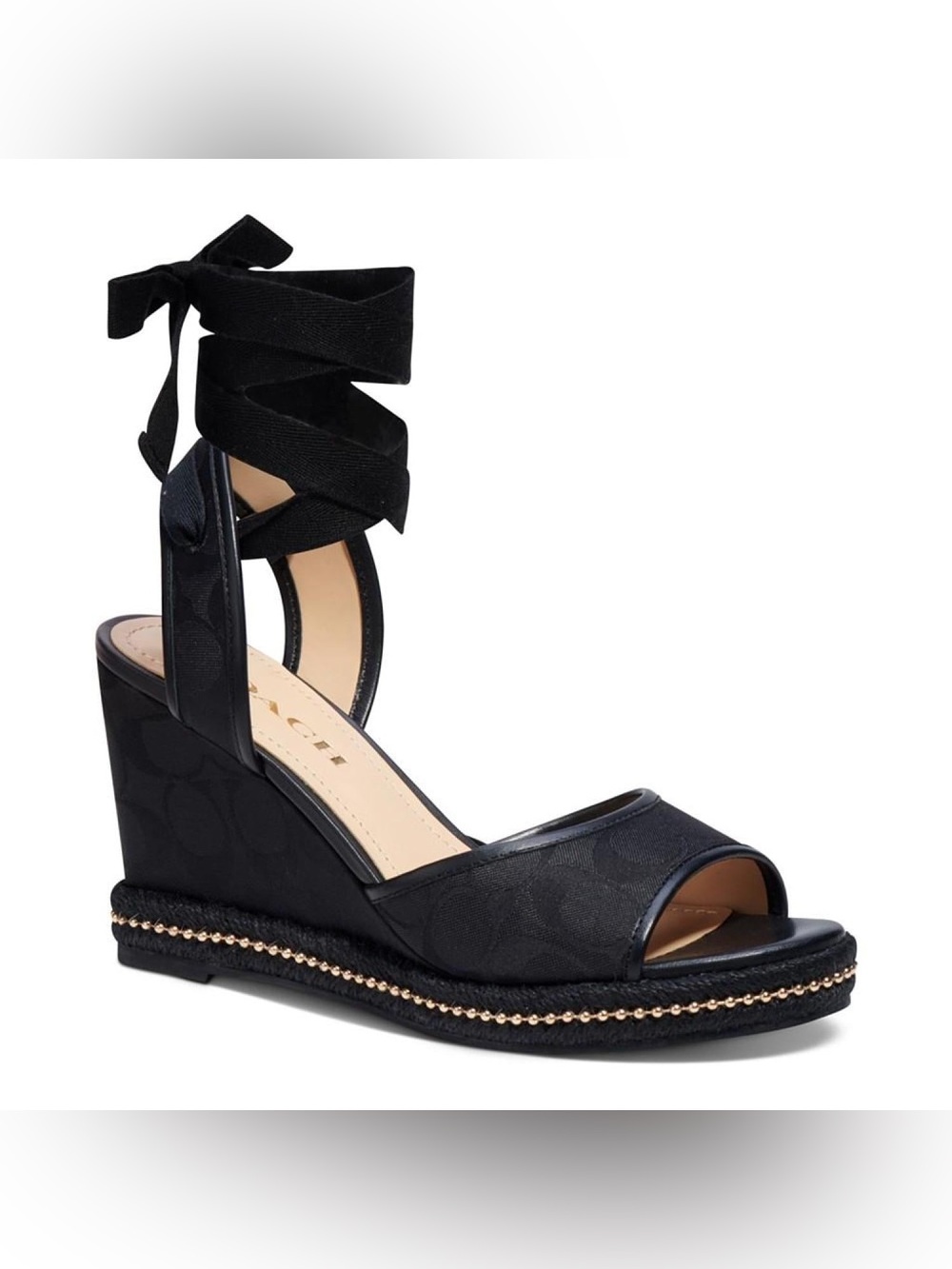 Coach Black Wedge Sandals with Ankle Wraps and Stud Trim (WORN ONCE) - Picture 9 of 9